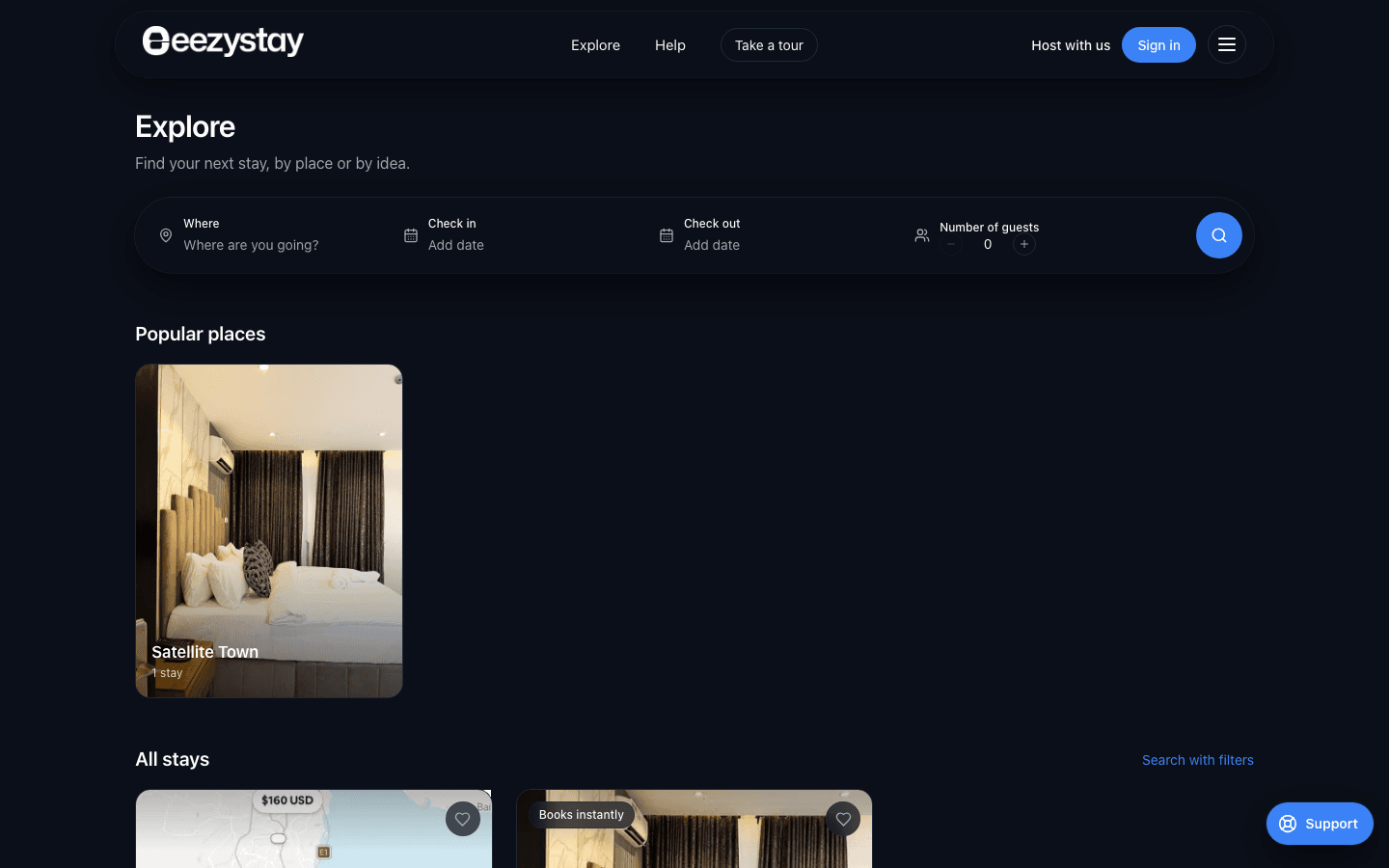 Eezystay explore page listing popular places and stays