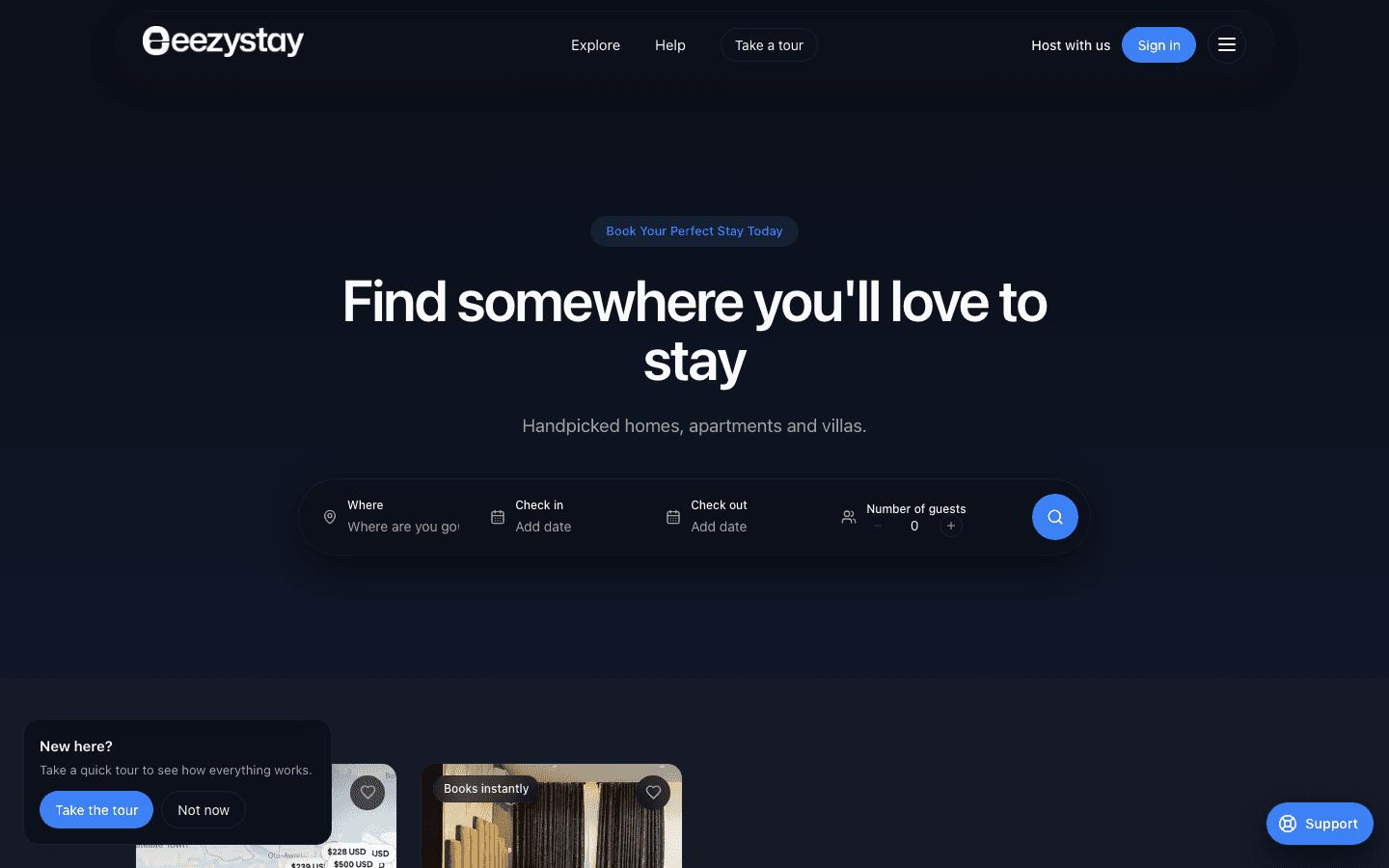 Eezystay home page with a stay search bar