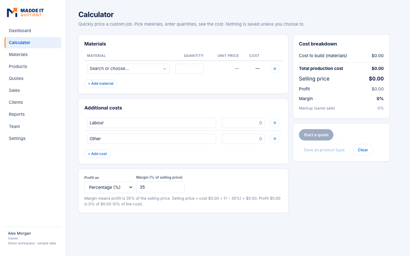Price a custom job and see cost, profit and margin