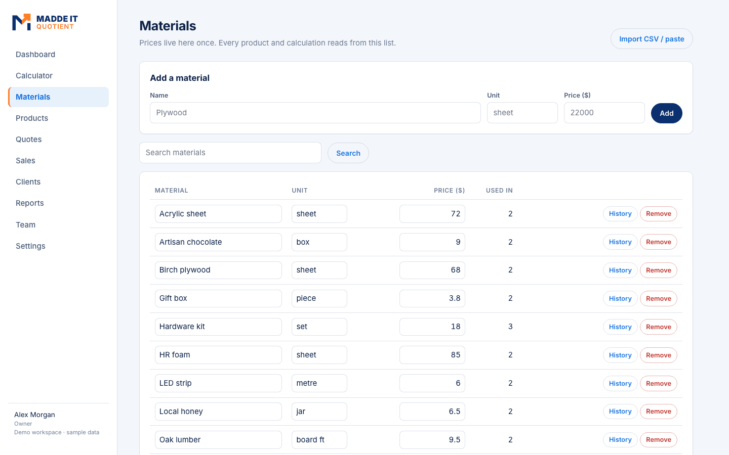 Materials library with price history
