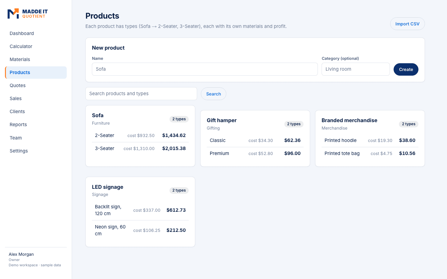 Products grouped into types