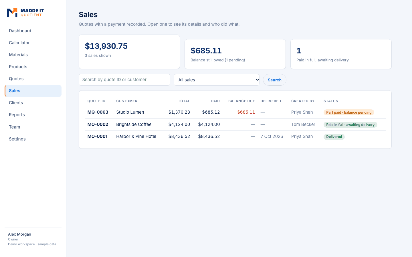 Sales pipeline with payments and balances